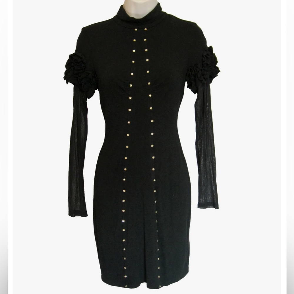 Dzhavael Couture Stretchy Mini Dress Long Sleeve Studded Beaded Unique European